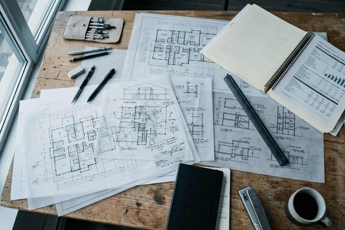 Project schedule and progress documents on a site office wall